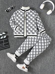 SHEIN 男童优雅户外字母印花拉链前开襟夹克和裤子套装 - 白色 - 查看 1