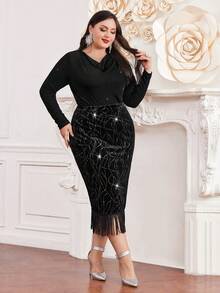 Modelyn Plus Size Women'S Draped Collar Long Sleeve T-Shirt And Patchwork Fringe Hem Skirt Set - Black - View 5