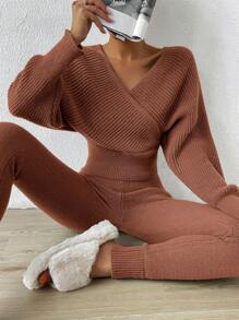 SHEIN Essnce 2入組休閒v領長袖毛衣 - 鏽棕色 - 查看 1