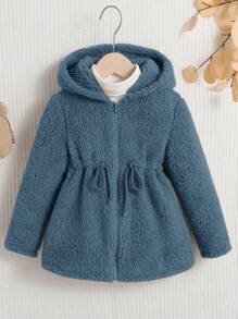 SHEIN 幼兒女童鬆身 Masson 色毛絨連帽外套,帶束腰繩,適用於秋/冬季 - 藍色 - 查看 1