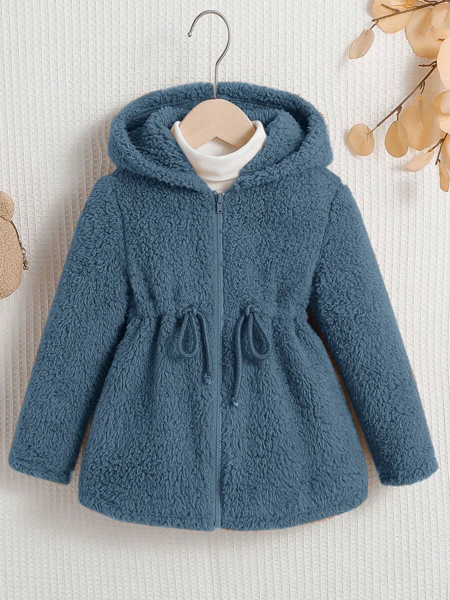SHEIN 幼兒女童鬆身 Masson 色毛絨連帽外套,帶束腰繩,適用於秋/冬季 - 藍色 - 查看 1