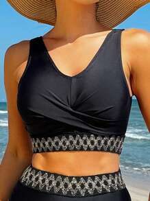 SHEIN Swim Contrast Geometric Panel Bikini Set Summer - Black - View 6