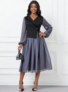 SHEIN Lady 女士對比色燈籠袖包裹束帶連衣裙 - 彩色 - 查看 5