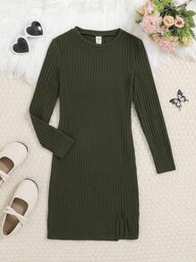 SHEIN 女童運動休閒針織純色長袖連衣裙,圓領設計 - 軍綠色 - 查看 4