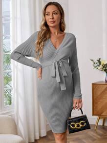 SHEIN Maternity Long Sleeve Cross V-Neck Sweater Dress, For Winter - Grey - View 1