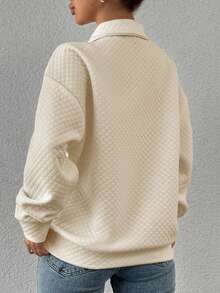 EURMUSE Letter Embroidery Half Zip Drop Shoulder Sweatshirt - White - View 2