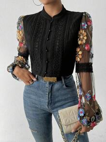 Chiquease Flower Embroidery Button-Front Shirt Fall Cloth For Women - Black - View 4