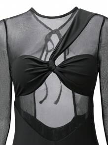 Swim SXY Traje De Baño De Una Pieza De Manga Larga Con Huecos Sólido De Color - Negro - Ver 6
