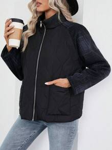 SHEIN LUNE Plaid Patchwork Padded Padded Coat Clothes Winter - Black - View 1