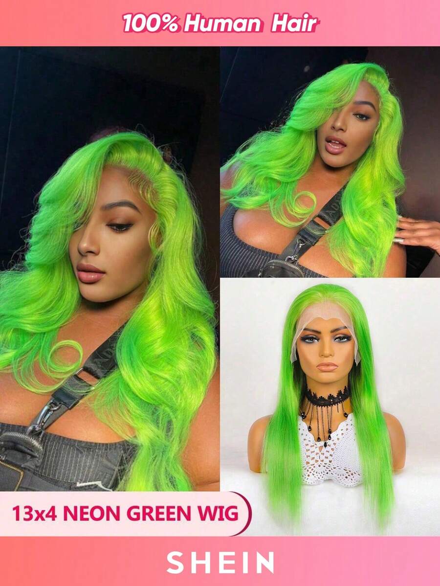 萬聖節黑暗輝光粘液螢光綠直筒人類頭髮13x4透明蕾絲正面假髮 - SGreen - 查看 1