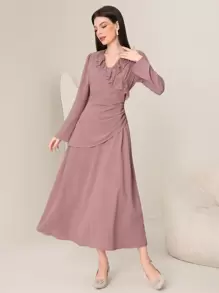 Modelyn Embroidered Mesh Ruffle Trim V-neck Long Sleeve Dress - Pink - View 1