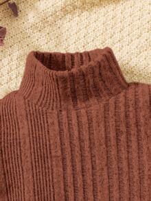 SHEIN 女嬰休閒針織高領長袖束腰帶連身裙 - 鏽棕色 - 查看 4