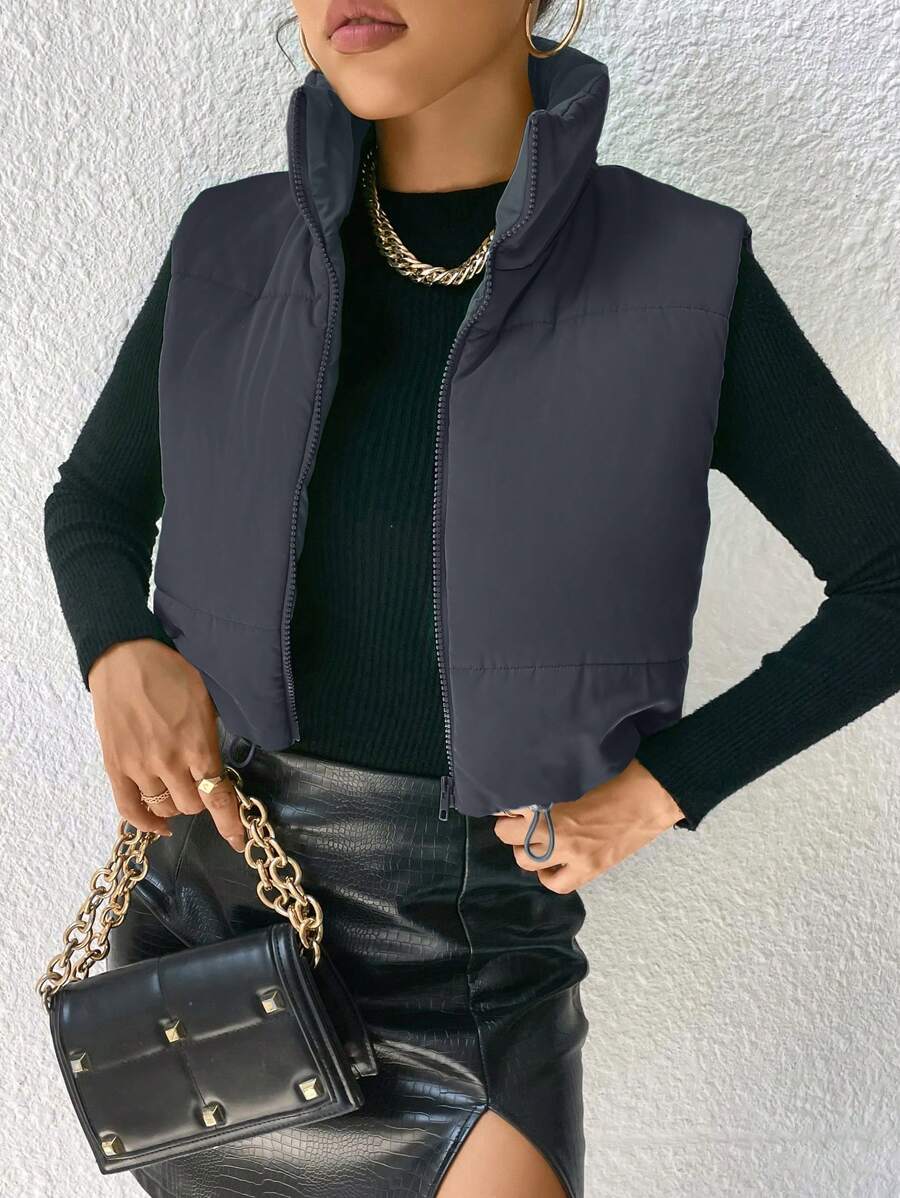 SHEIN Essnce 前拉链背心夹棉外套 - 灰色 - 查看 1