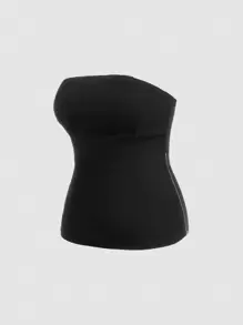 SHEIN MOD Top Jeans Plus Size Com Zíper Lateral E Gola Halter - Preto - Visão 6