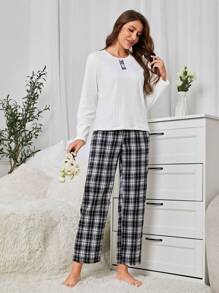 Plaid Pattern Pajamas Set - Multicolor - View 3