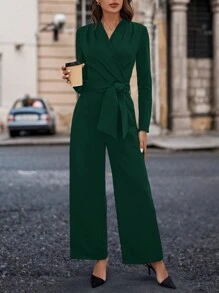 SHEIN Clasi Bọc Đường viền cổ áo Áo liền quần Với Nghiêng Túi Và Eo Thắt lưng - Màu xanh lá cây đậm - Xem 4