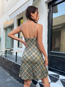 SHEIN EZwear 格子圖案露背吊帶連身裙 - 綠色 - 查看 2