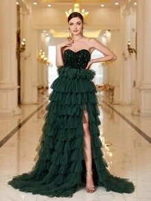 Faeriesty Gorgeous Sequin-Covered Gown With Layered Tulle Skirt & High-Slit Hem | Luxury Evening Dress For Black Tie Galas, Weddings, And Cannes Parties - Dark Green - View 6