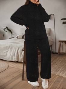 Flirla Plus Size Women's High Neck Long Sleeve Sweater And Pants Two Piece Set - Black - View 3
