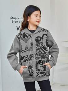 SHEIN Girls' Knitted Pattern Printed Loose Hooded Casual Sweatshirt