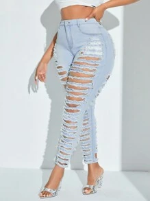 SHEIN SXY Kích thước lớn Gầy Quần jean rách - Rửa nhẹ - Xem 1