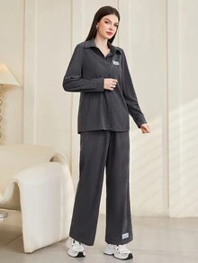 Mulvari Two Piece Set With Long Sleeve Shirt And Wide Leg Pants - Dark Grey - View 3