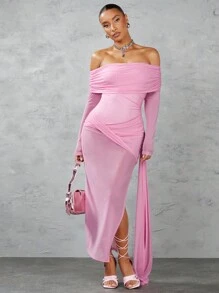 SHEIN BAE Women's Ruffle Draped Bodycon Dress With Front Slit And Sash Detail - Pink - View 3