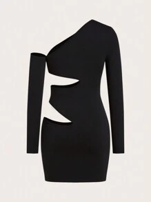 SHEIN ICON Women's Asymmetrical Collar Hollow Out Long Sleeve Dress - Black - View 7