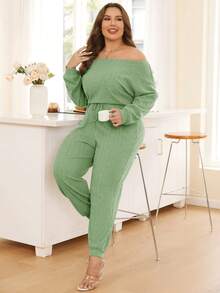 SHEIN Essnce Plus Size Women's Long Sleeve Striped Jumpsuit - Mint Green - View 5