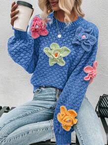 SHEIN LUNE Sweater With 3d Flower Decoration And Drop Shoulder Design - Blue - View 3