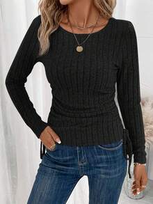 SHEIN LUNE 純色褶皺立領長袖t恤 - 黑色 - 查看 4