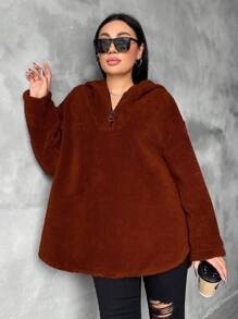 RueChic Plus Size Zipper Front Plush Hooded Jacket