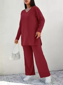 EURMUSE Plus Solid Split Hem Tee & Wide Leg Pants - Burgundy - View 4