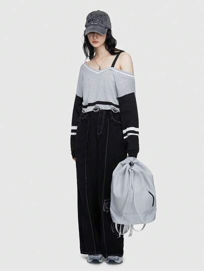 Grunge Punk College Style Color Block V-Neck Sweater With Drop Shoulder And Long Sleeves