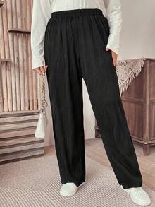 Plus Size Solid Color Elastic Waist Pants - Black - View 4