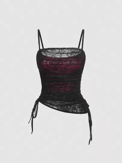 SHEIN MOD Kvinnors Sidan Dragsko Spets Cami Toppar