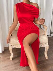 SHEIN Privé 女款非對稱領口側開衩連衣裙 - 紅色 - 查看 4