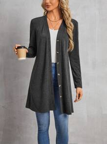 SHEIN Essnce Solid Color Button Closure Long Sleeve Casual Jacket - Black - View 1