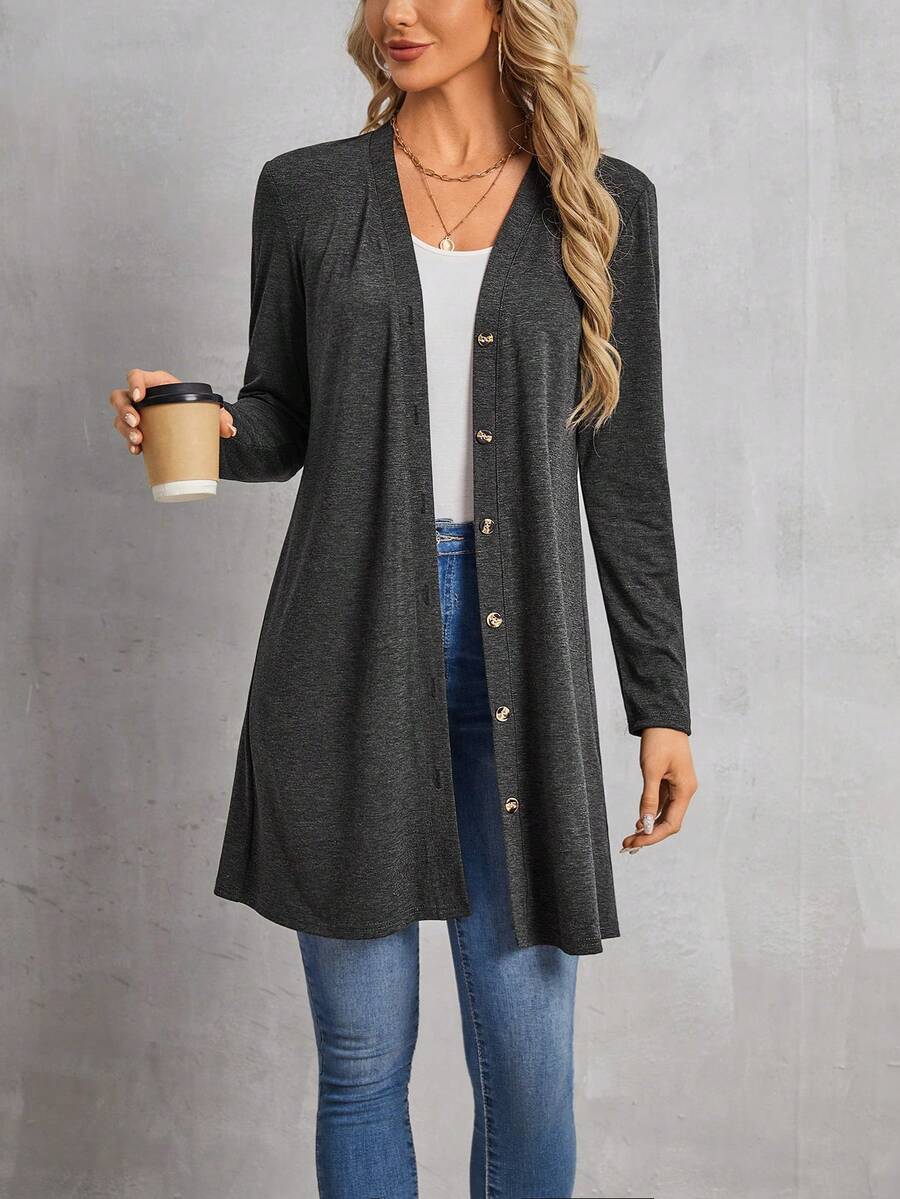 SHEIN Essnce Solid Color Button Closure Long Sleeve Casual Jacket - Black - View 1