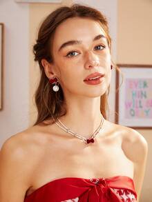 SHEIN MOD 1對時尚蝴蝶結&人造珍珠耳環 - 酒紅色 - 查看 4