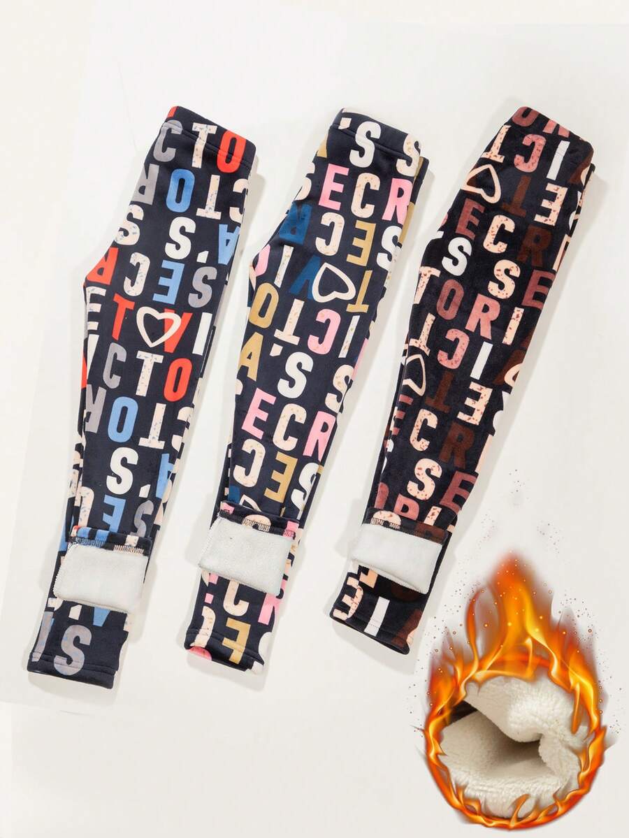 女小童3入組字母圖案緊身打底褲