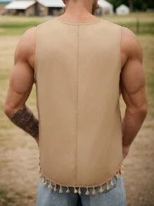 SHEIN 寬鬆版型男士幾何印花無袖襯衫 - 卡其色 - 查看 2