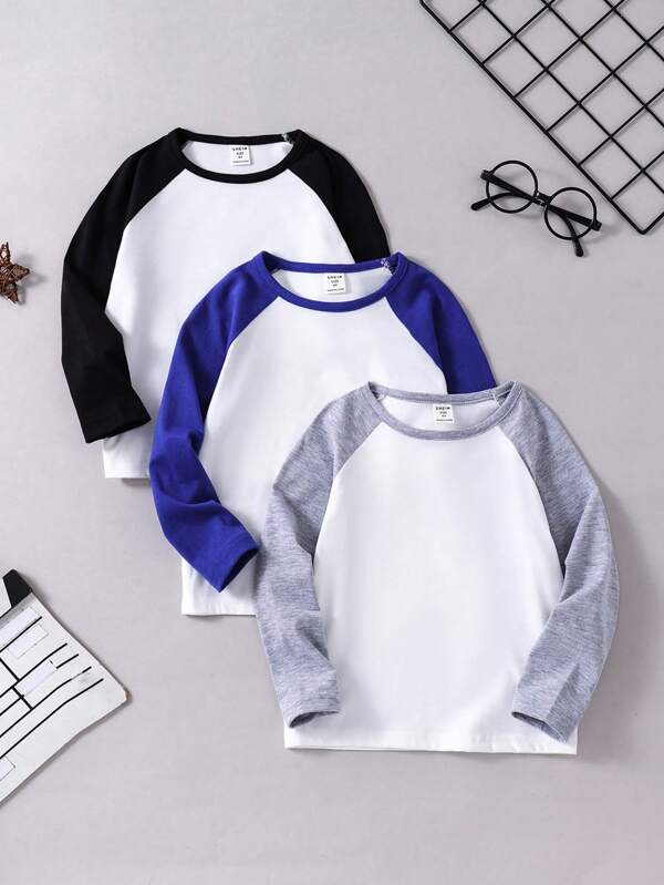 SHEIN Explorewe Young Boy 3pcs/Set Comfortable Raglan Sleeve T-Shirts For Daily Wear, Autumn, School, Campus, College