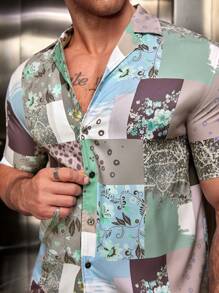 Manfinity NXTstreet Men's Color Block Printed Short Sleeve Shirt - Multicolor - View 4