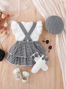 Baby Girls' Ruffle Trim Rib Knit Top & Houndstooth Overall Skirt & Hat Set For Summer - Black and White - View 2