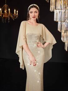 Modelyn Lưới Nối Nàng tiên cá Hem Kim sa Đầm Với Cape Thiết kế , Dạ hội Retro Đầm - Vàng - Xem 1