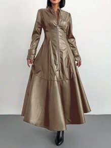 EURMUSE Ladies' Front Zipper Opening, Slit Hem Pu Coat - Camel - View 5