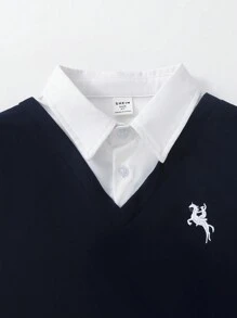 SHEIN 男童2入組舒適馬繡花絨面2合1上衣柔軟褲裝,適用於春秋季節 - 白色 - 查看 3