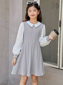 SHEIN Váy liền thân cổ Peter Pan đan lưới nhiều màu cho bé gái tuổi teen với thiết kế dệt để mặc thường ngày - Nhiều màu - Xem 1