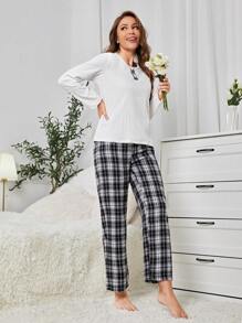 Plaid Pattern Pajamas Set - Multicolor - View 4